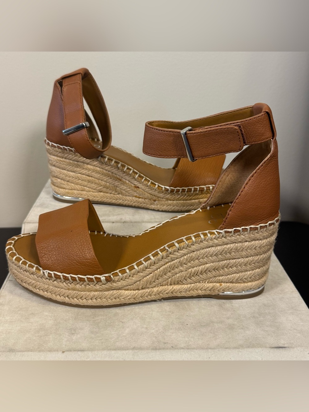 Franco Sarto Cognac leather Espadrille Wedge Sandals with Ankle Strap, size 8.5W